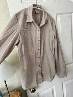 REI Sahara Shirt Beige Hiking Outdoor Button Up Roll Tab Sleeve Small